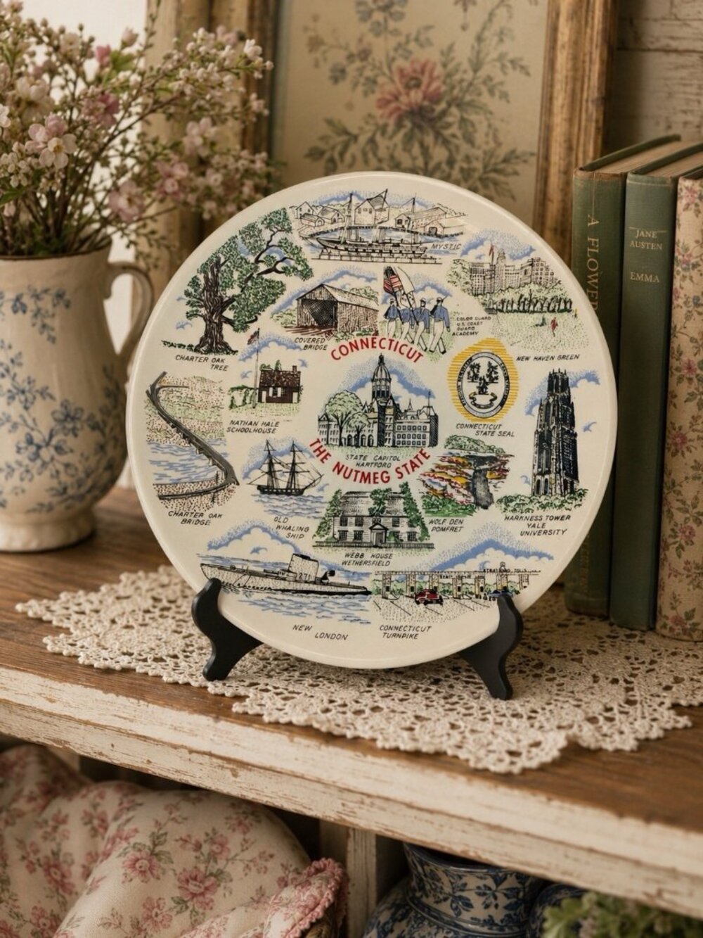 Vintage Connecticut Souvenir Plate Nutmeg State Landmarks Mystic Yale Hartford